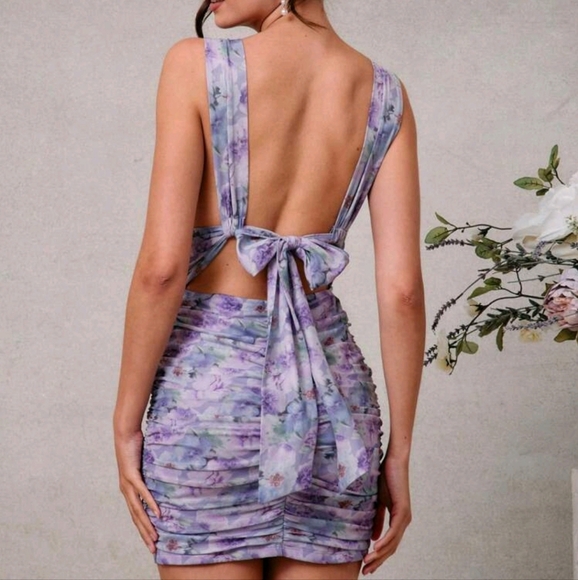 Elegant Floral Mesh Low Back Tie Detail Ruched Mini Dress, Wedding Guest Dress - Picture 1 of 4